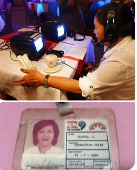 Woman in a headset at a TV production desk, above her old Channel 9 production ID